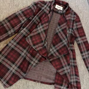 BB Dakota Mel Plaid Drape Collar open front sweater size L long sleeve Festive